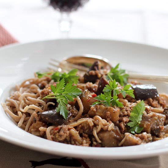 Spicy Aubergine and Veal with Pasta