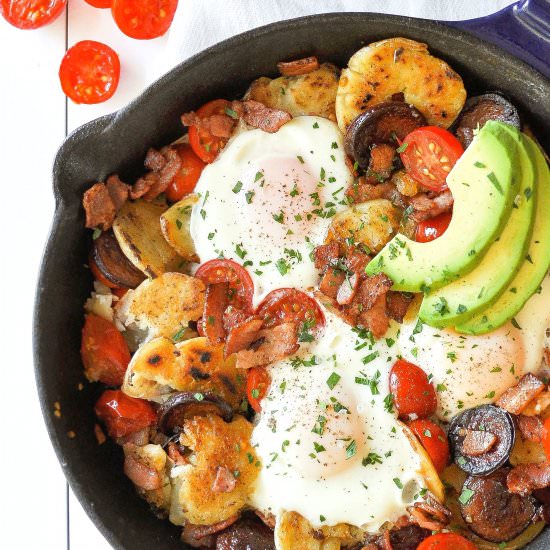 Chorizo Bacon Smashed Potato Hash