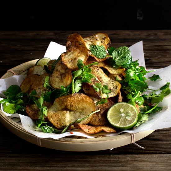 potato chips and thai herb salad