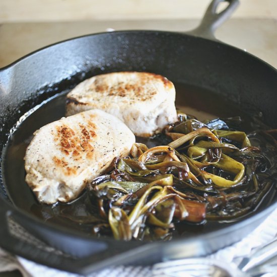 Roasted Scallions with Pork Chops