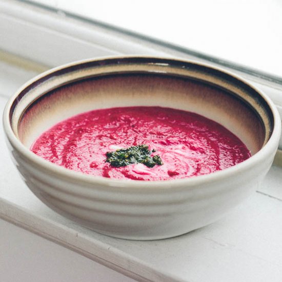 Beet and Fennel Soup with Pesto