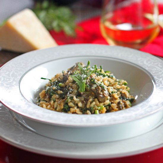 Baked shungiku and oyster risotto