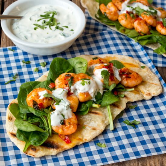 Garlic chilli shrimp flatbreads