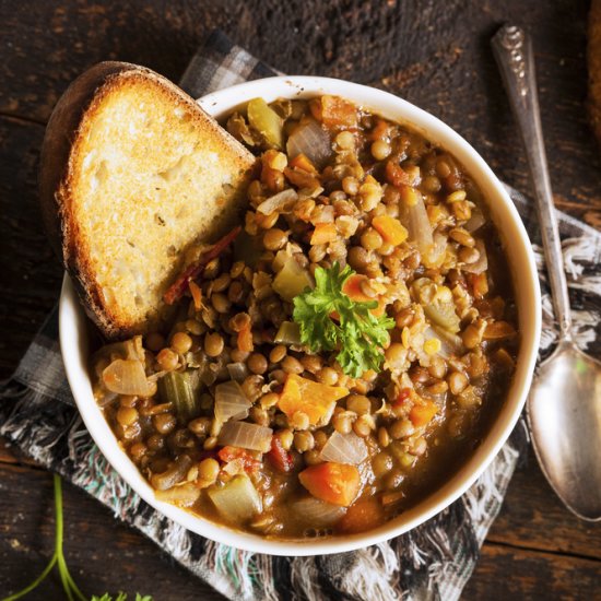 Spicy Tomato, Veggie + Lentil Stew