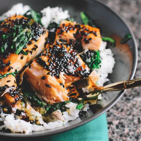 Asian Salmon, Spinach, and Rice Bowls