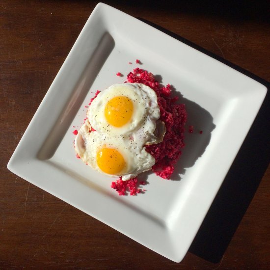 Beet Couscous with Sunny Side Eggs