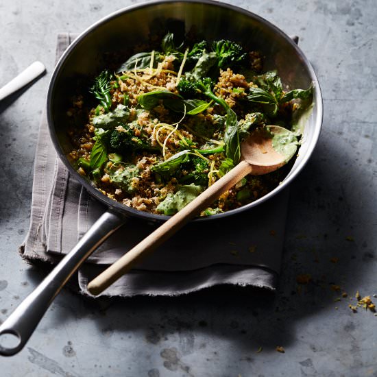 Freekeh risotto with broccolini