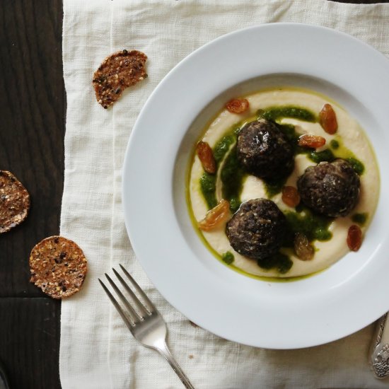 Lamb Koftas, Hummus, and Herb Oil