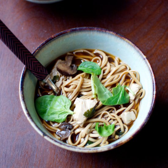 Spinach, Tofu, and Udon Noodle Soup