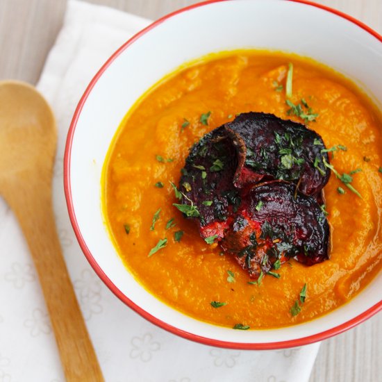 Roasted Carrot Soup with Beet Chips