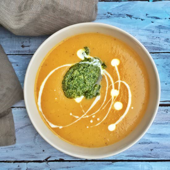 Carrot Soup with Carrot Top Pesto