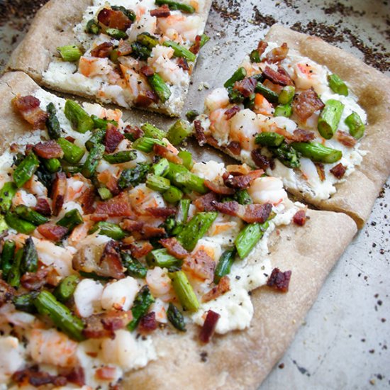 Bacon, Shrimp, and Asparagus Pizza