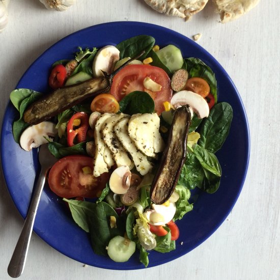 Baby Aubergine and Halloumi Salad