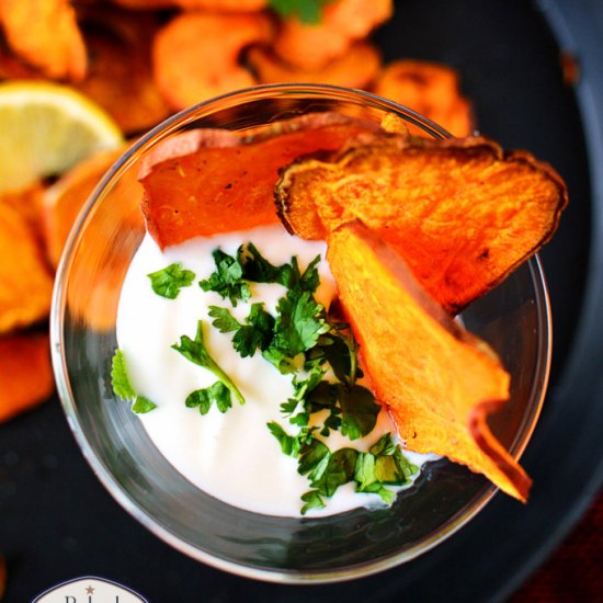 Baked Garlicky Sweet Potato Chips