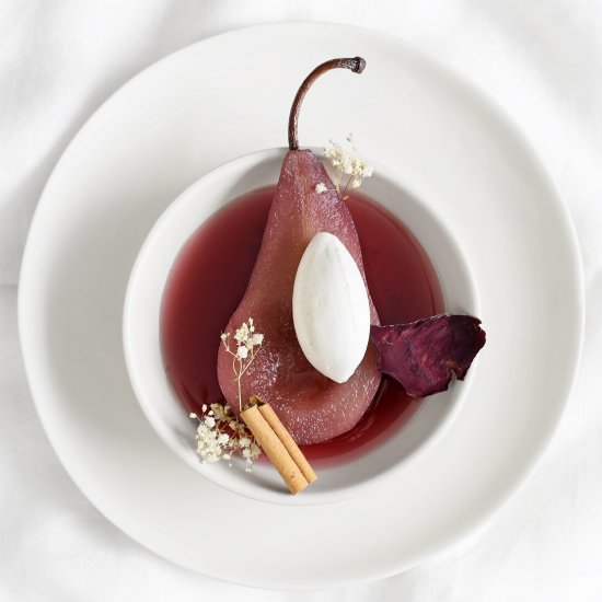 Pears Poached in Raspberry + Wine