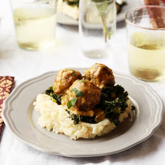 Braised Meatballs, Potatoes & Kale