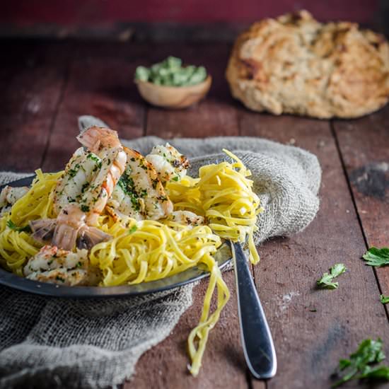 Lemon pasta with grilled scampi