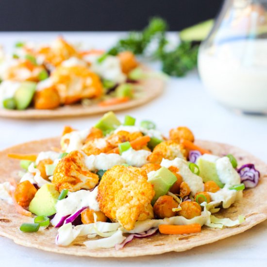 Buffalo Cauliflower Chickpea Tacos