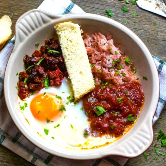 Roasted Eggs with Ham and Chorizo