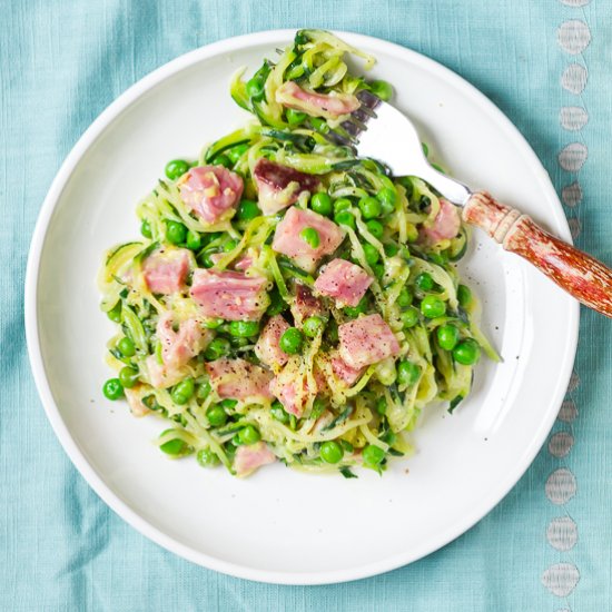 Zoodles & Cheese with Ham and Peas