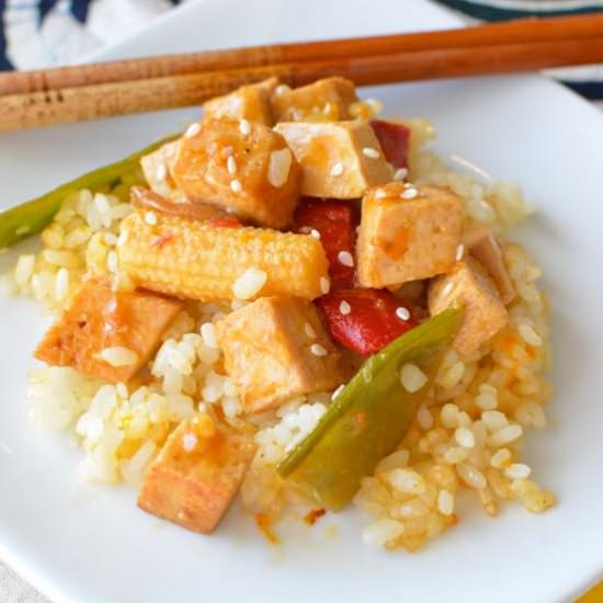 Orange Tofu with Crispy Sesame Rice