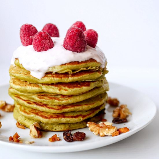 Matcha Raspberry Coconut Pancakes