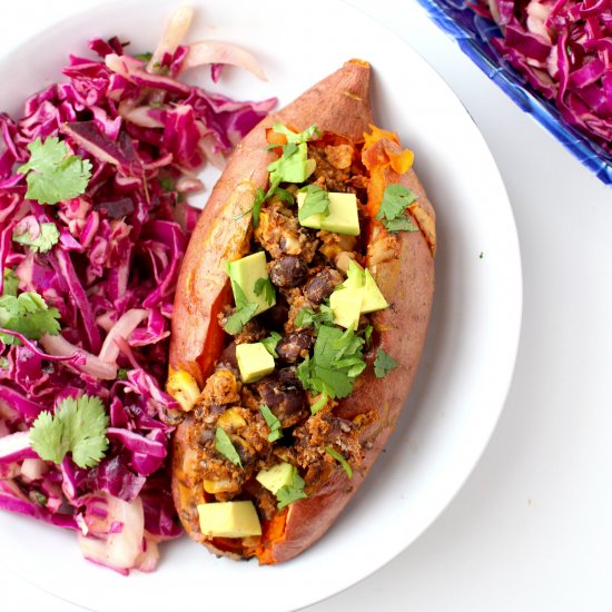 Bean Burger Stuffed Sweet Potatoes