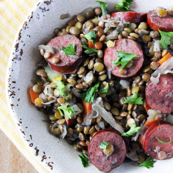 Braised Lentils and Kielbasa