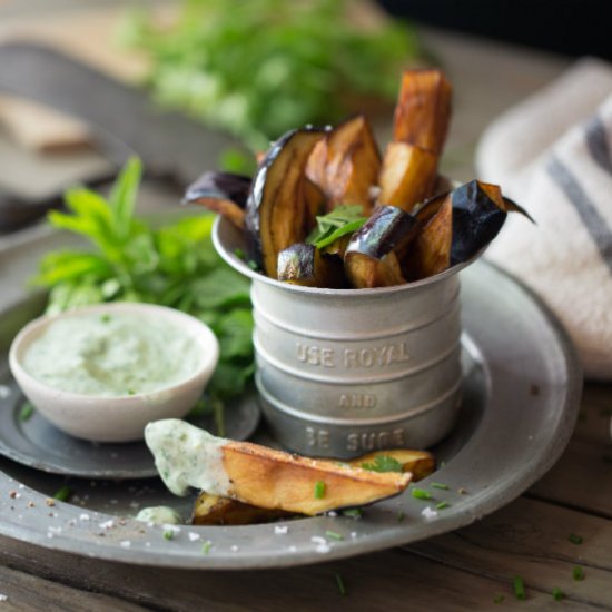 Fried aubergines with herb yoghurt