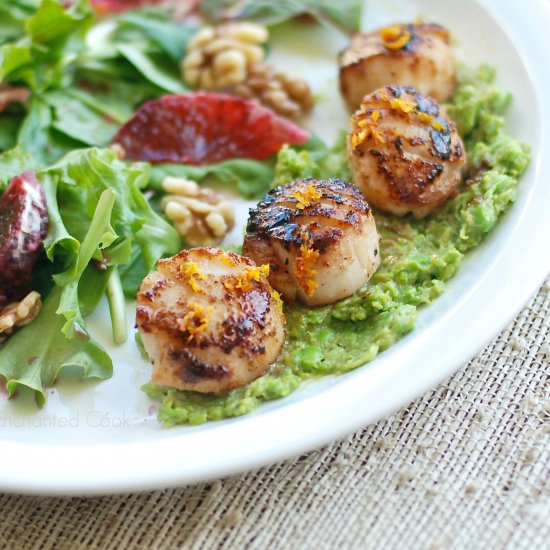 Blood Orange Scallops w/ Pea Hummus