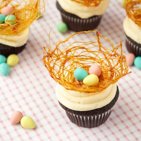 Spun Sugar Nests on Cupcakes