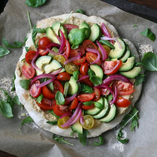 Salad Pizza w/ Hummus and Avocados