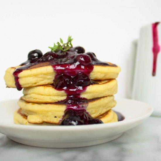 Pancakes w/ Blueberry-Thyme Sauce