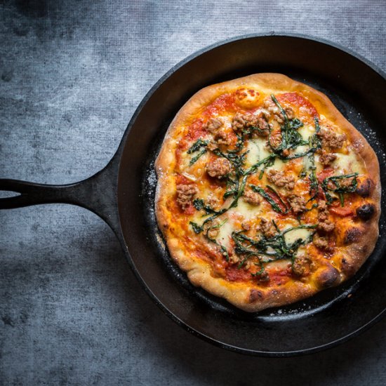 Fontina, Sausage, and Greens Pizza