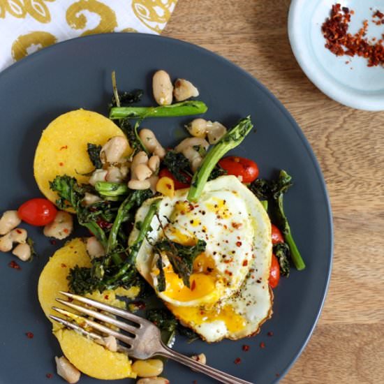 Rapini with White Beans, Polenta & Egg