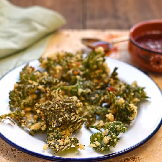 Nettle top fritters with chilli dip