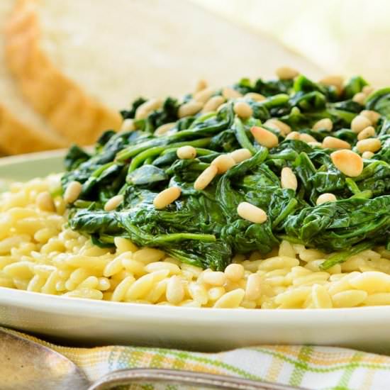 Spinach Topped Creamy Orzo