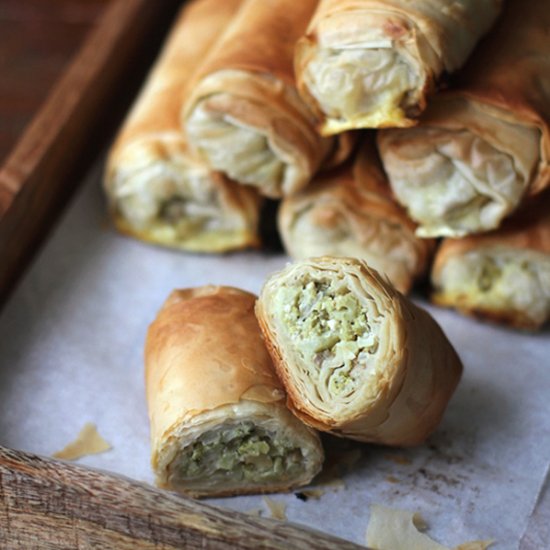 Broccoli, Shroom, Feta Phyllo Rolls