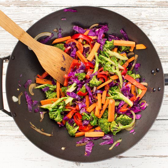 Rainbow stir-fry with peanut sauce