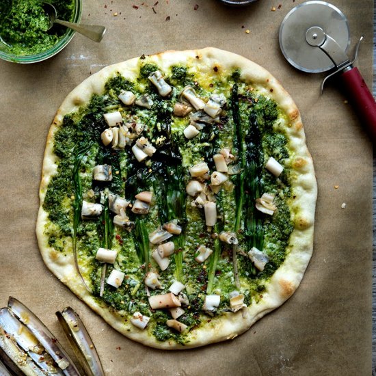 Ramp Pesto Pizza with Razor Clams