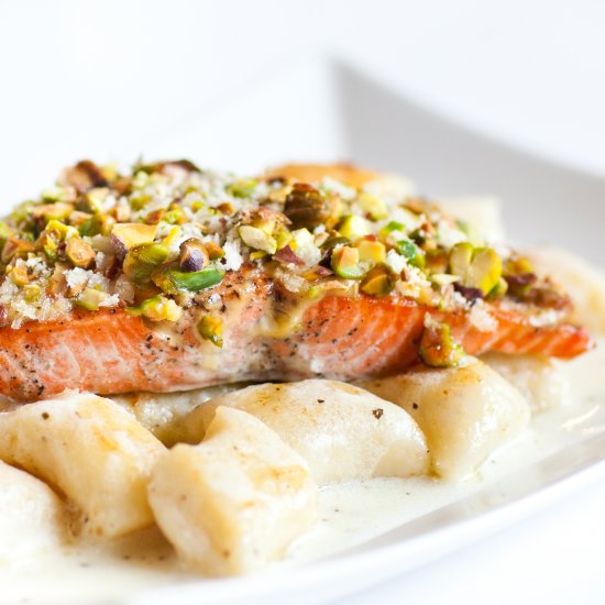 Pistachio-Dijon Salmon with Gnocchi