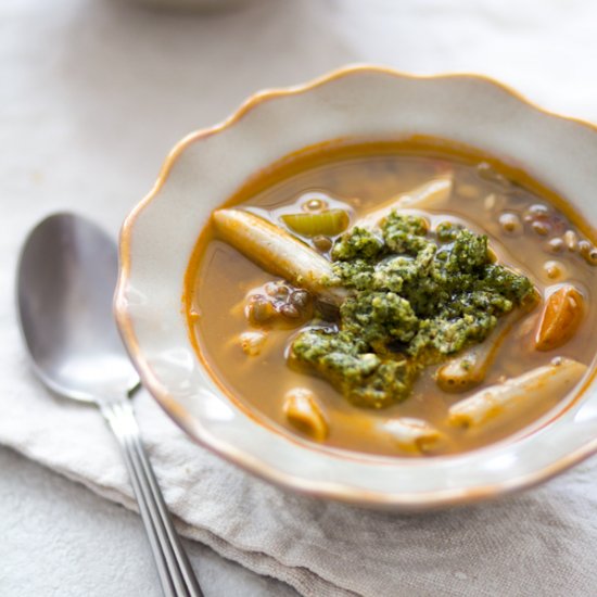 Minestrone with Carrot-Top Pesto