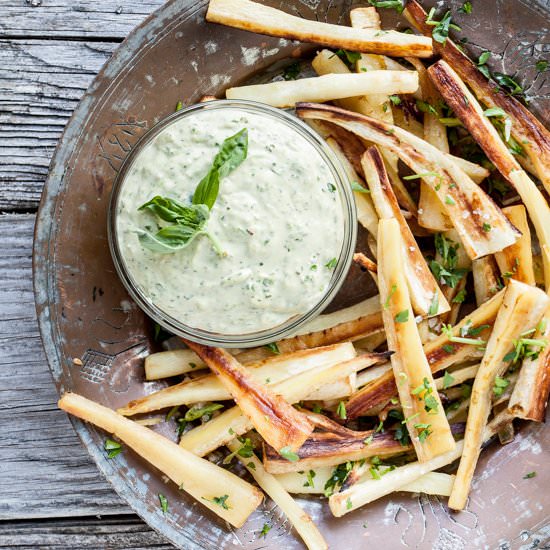 Parsnip Fries + Creamy Tahini Dip