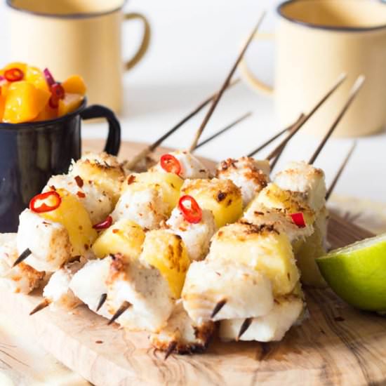 Coconut Pineapple and Fish Skewers