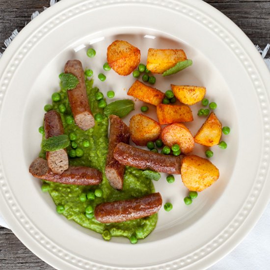 Lamb Sausages with Minted Pea Puree