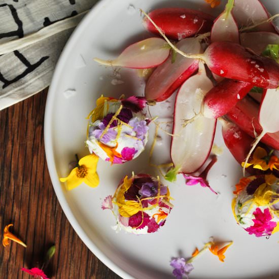 Chèvre, edible petals & radish