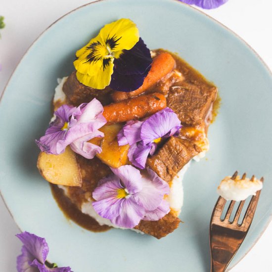 Beef Stew with Edible Pansies