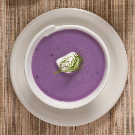 Purple potato, leek and fennel soup