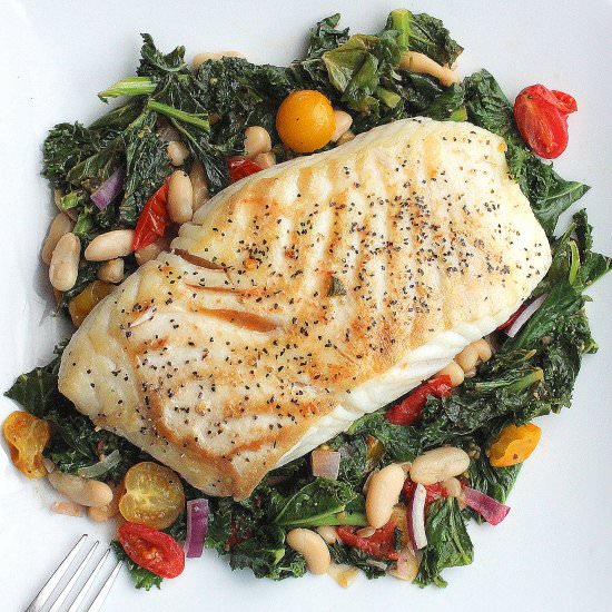 Halibut with Kale, Beans & Tomatoes