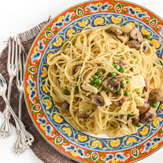 Carbonara w/ Mushrooms and Peas